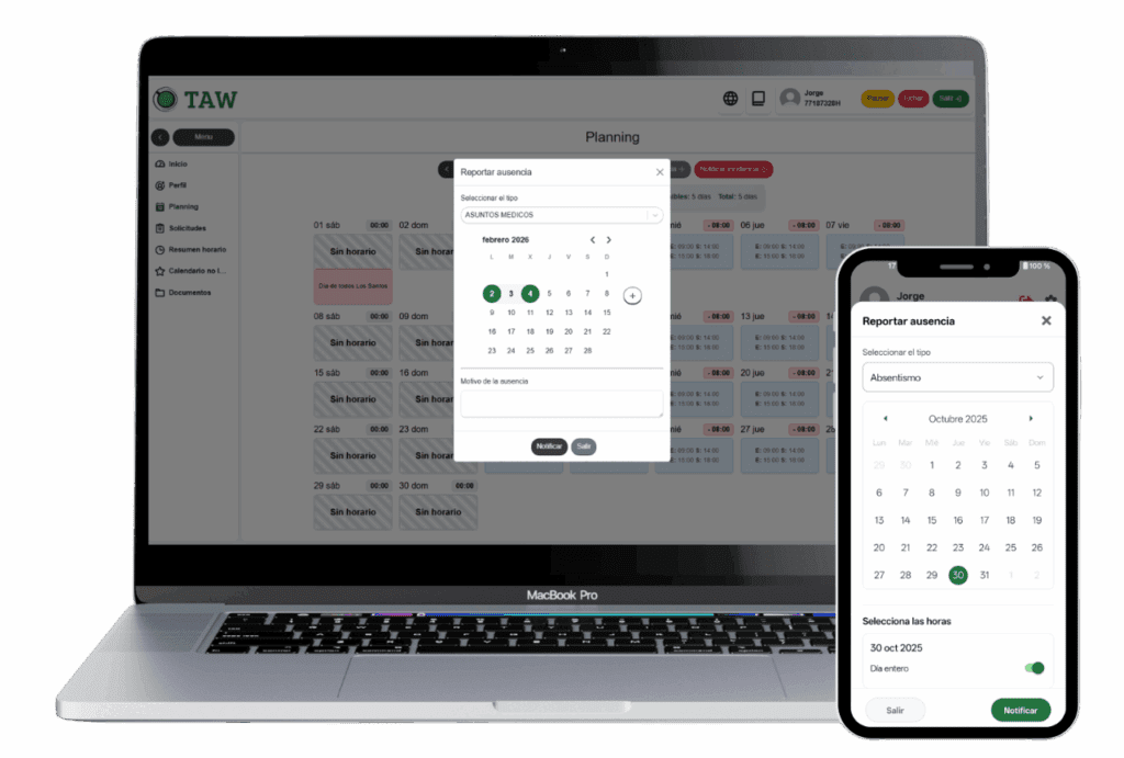 Demostración del software de control horario TAW